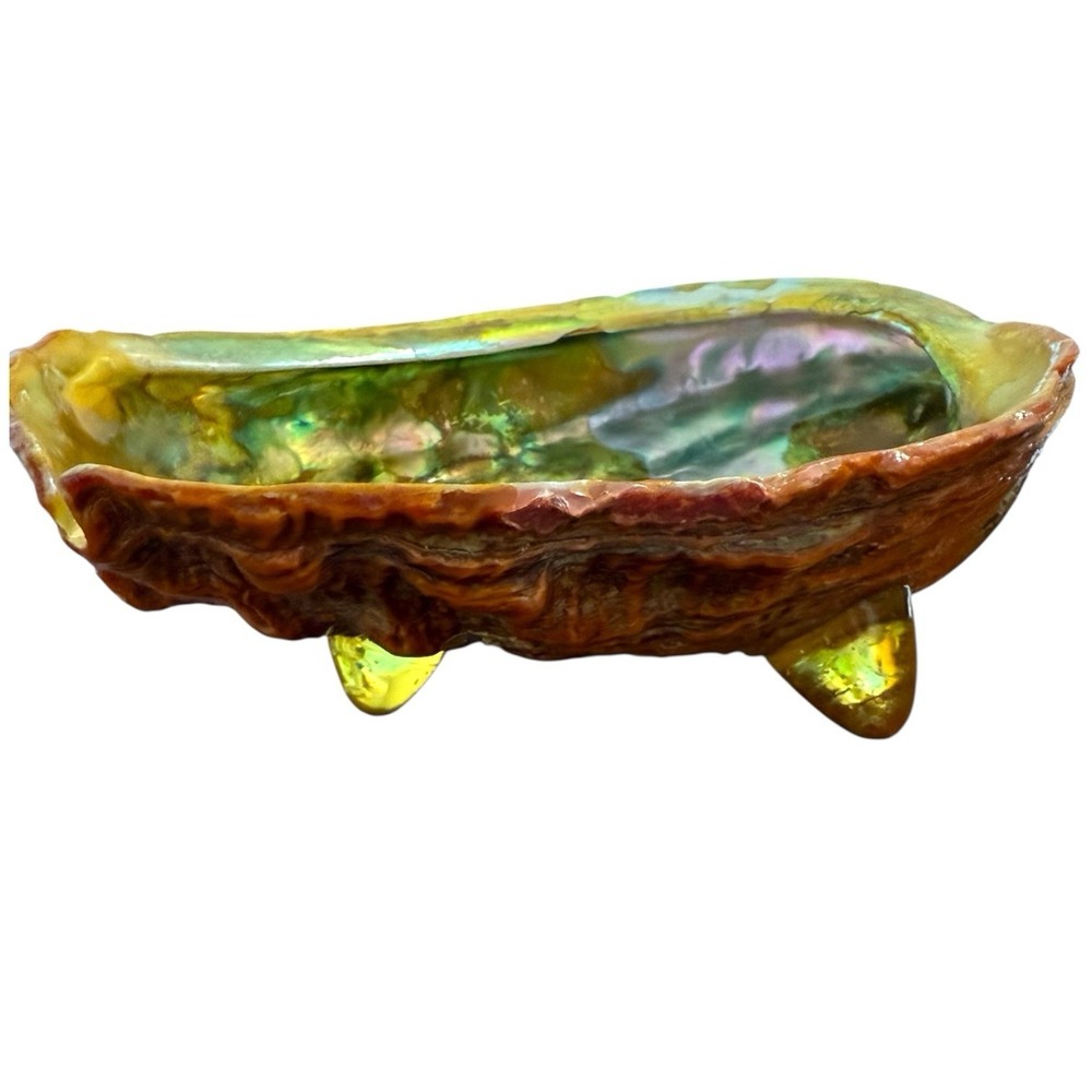 Red ABALONE SHELL Lucite Footed Bowl MCM Vintage Colorful Iridescent Seashell